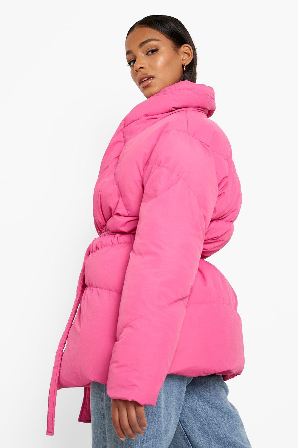 Missguided ski belted jacket with fur hood in pink