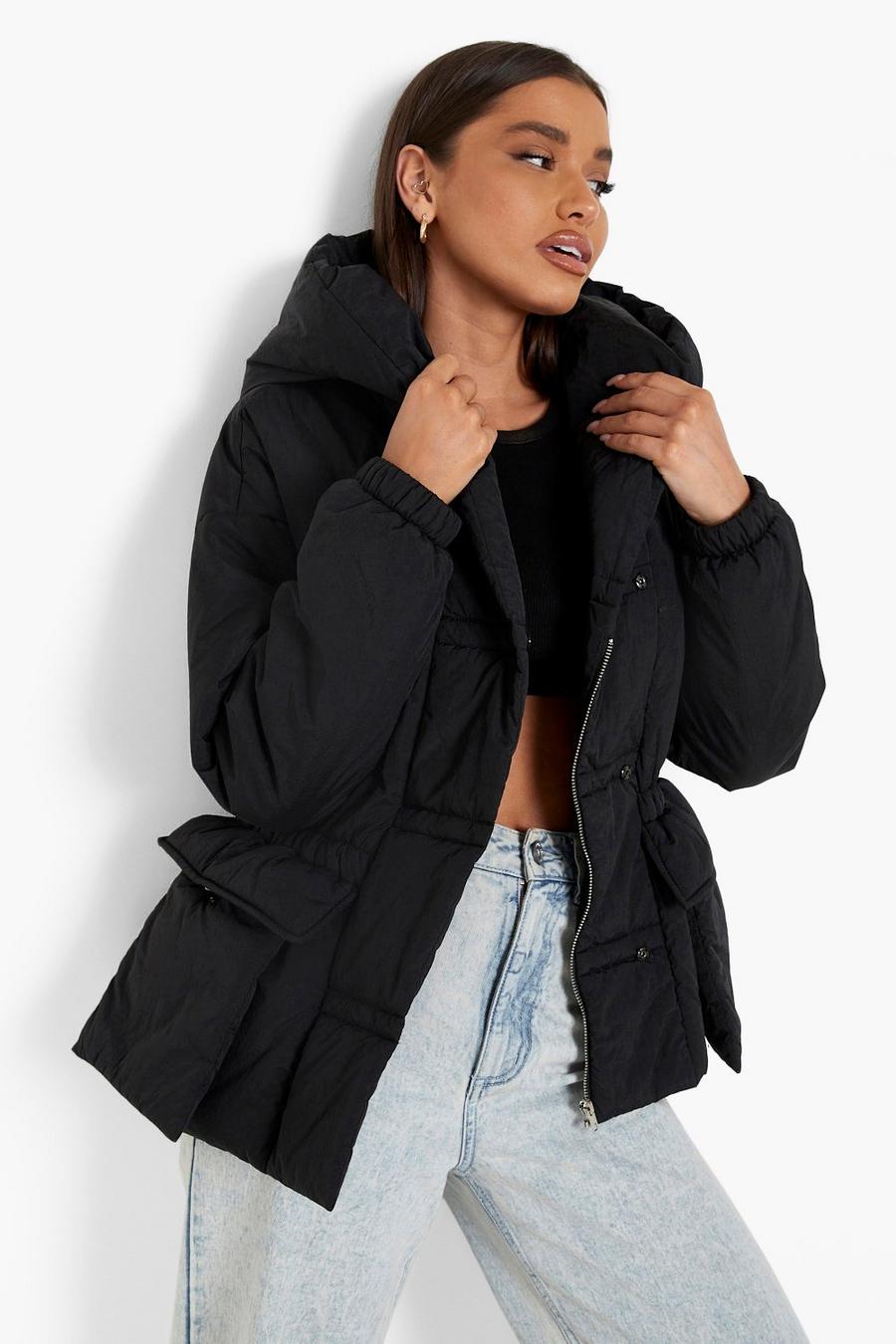 Black Synch Waist Hooded Puffer Jacket image number 1