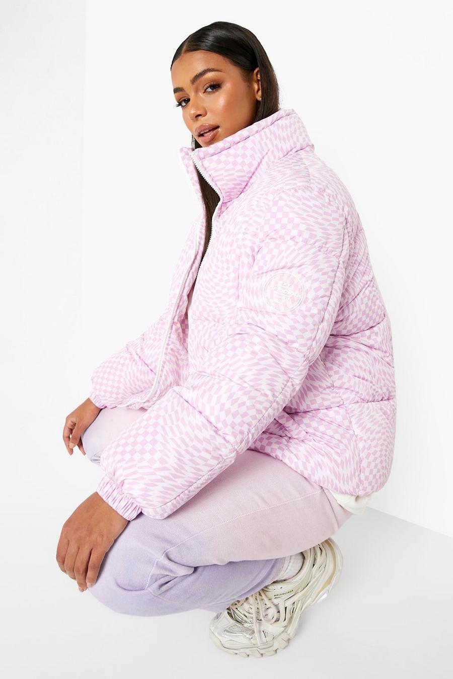 Pink Printed Oversized Funnel Neck Puffer Jacket image number 1
