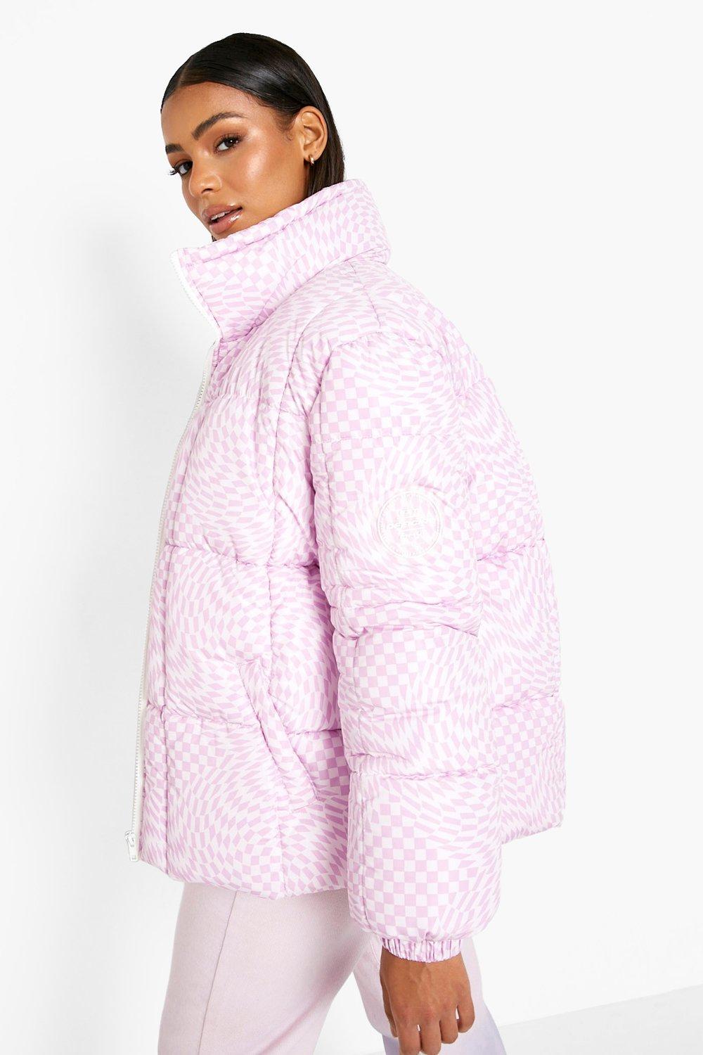 Printed Oversized Funnel Neck Puffer Jacket boohoo