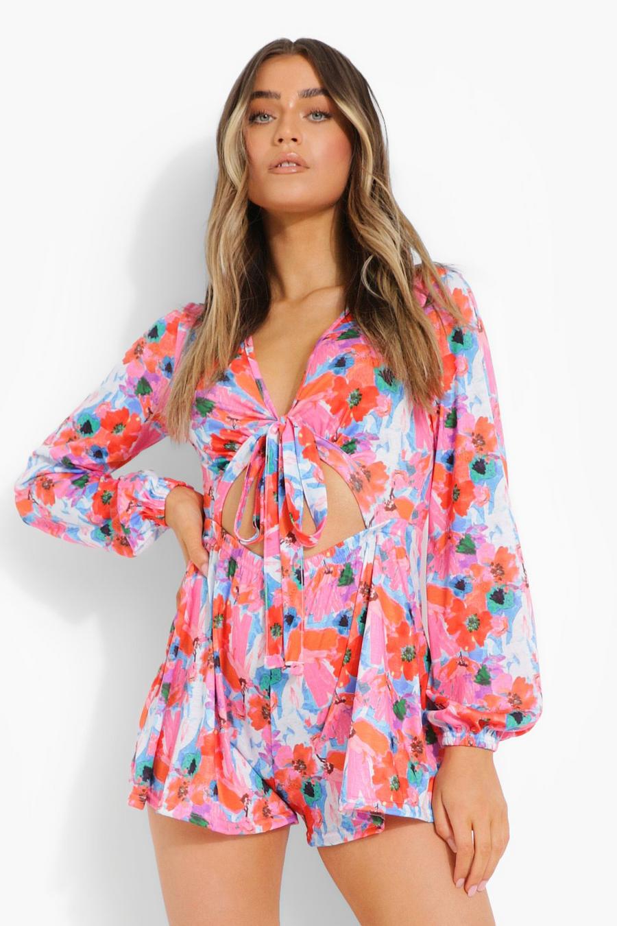 Neon-pink Neon Floral Plunge Cut Out Tie Playsuit image number 1