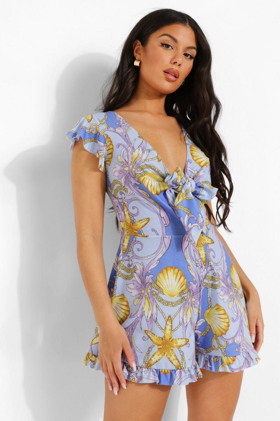 Blue Shell Print Plunge Tie Detail Playsuit image number 1
