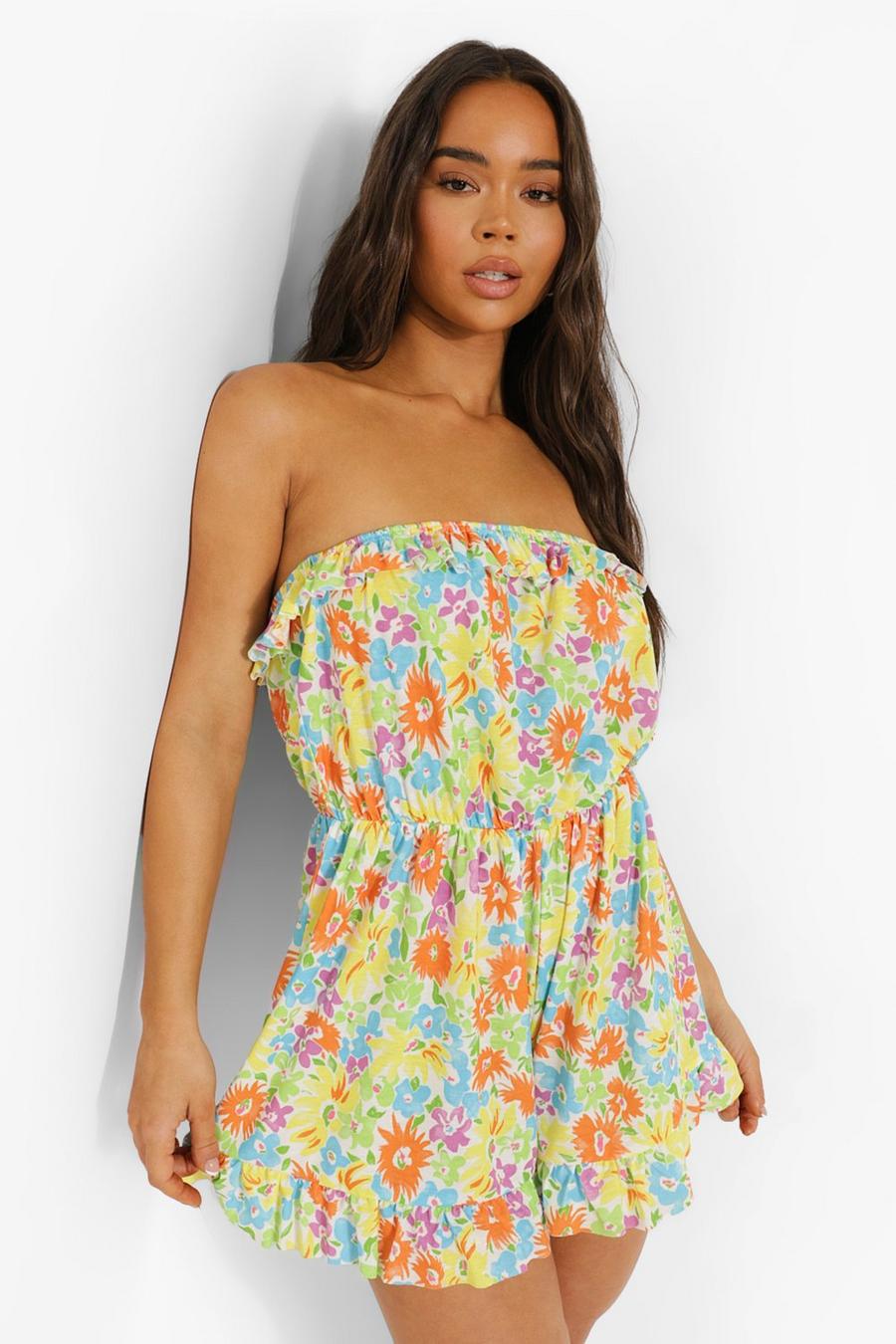 White Neon Floral Off The Shoulder Flippy Romper image number 1