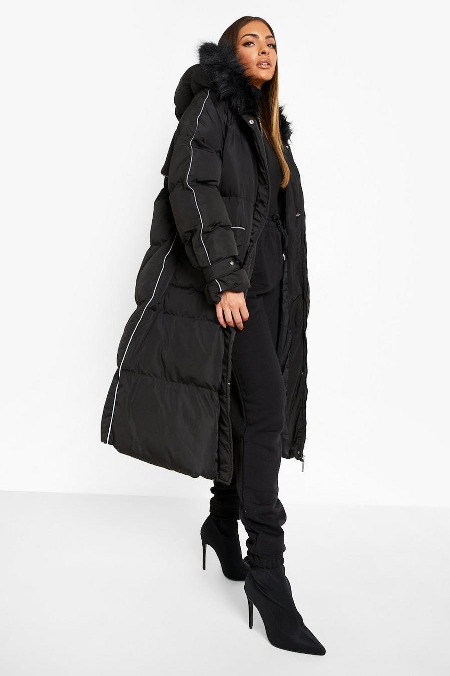 Black Faux Fur Trim Reflective Longline Puffer Jacket