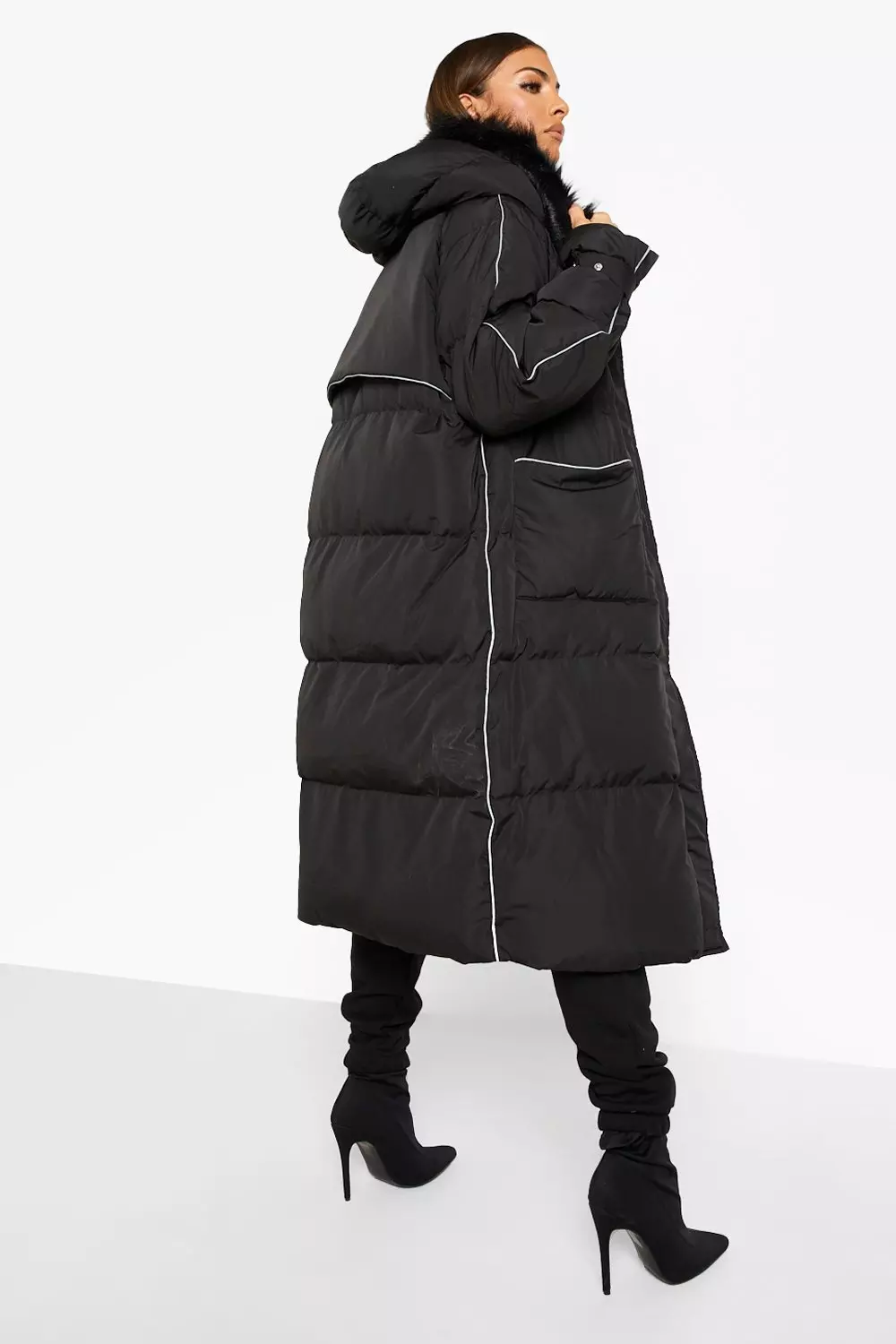 Black faux fur outlet hood longline puffer jacket