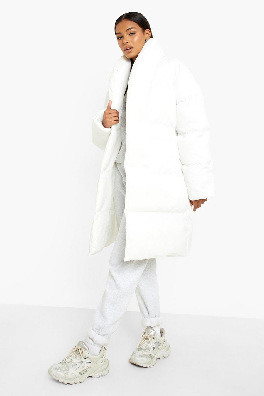 White Longline Wrap Belted Puffer Jacket