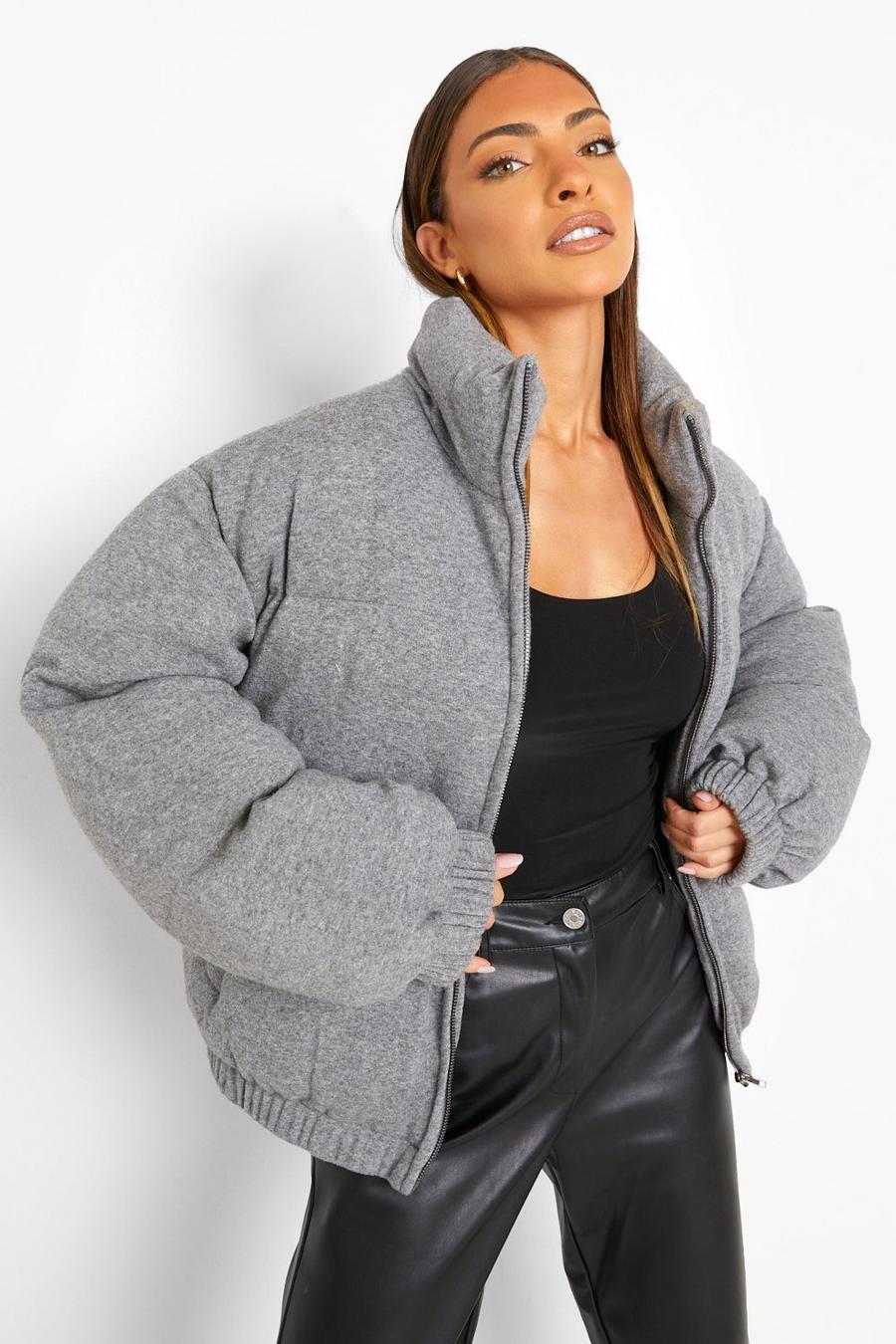 Grey Funnel Neck Knitted Puffer Jacket image number 1