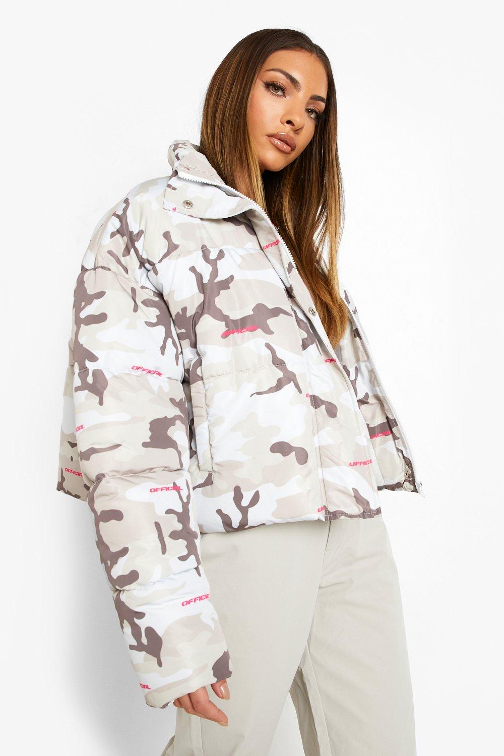 Official Camo Print Puffer Jacket boohoo UK