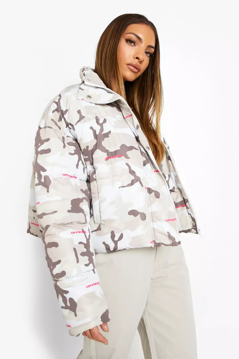 Camo print puffer jacket clearance