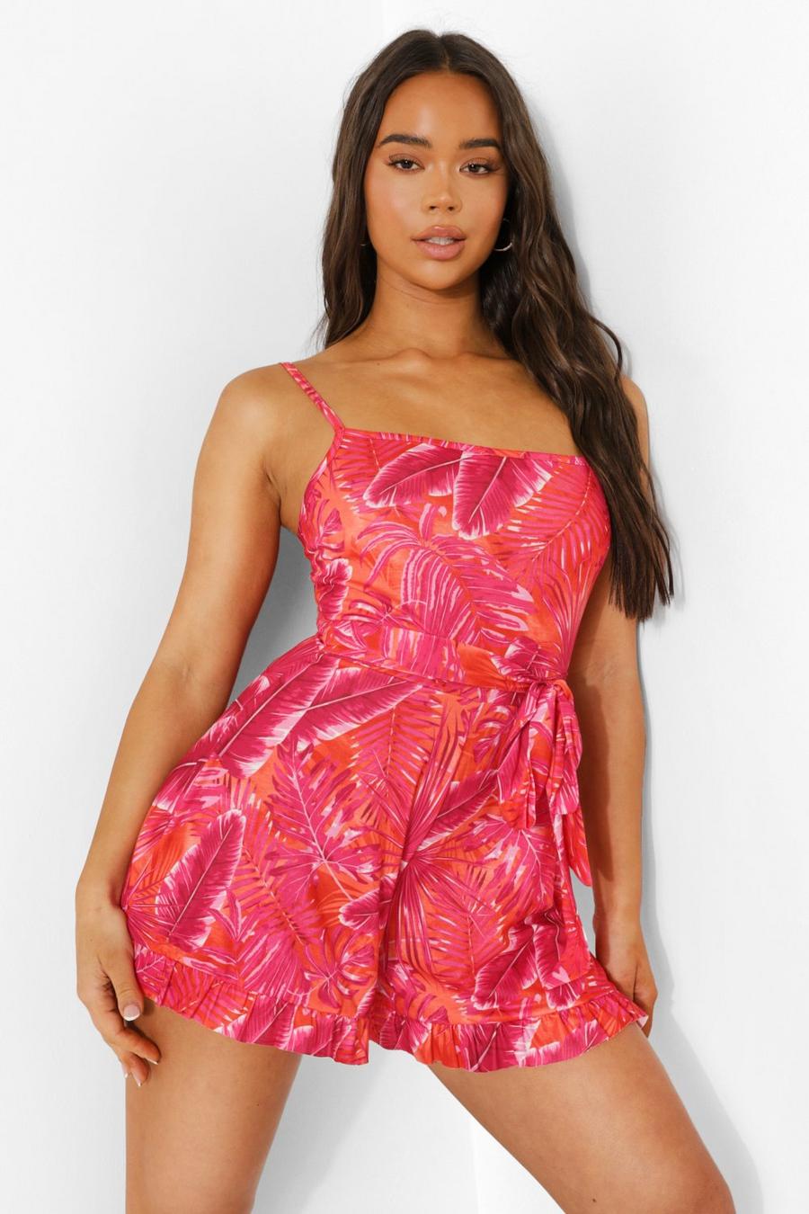 Neon-pink Neon Palm Print Strappy Belted Playsuit image number 1