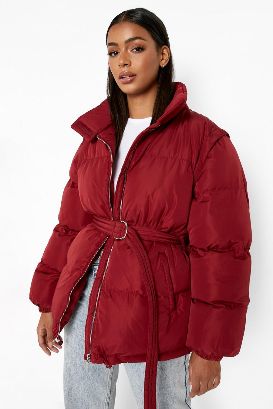 Wine red Detachable Sleeve Belted Puffer Jacket