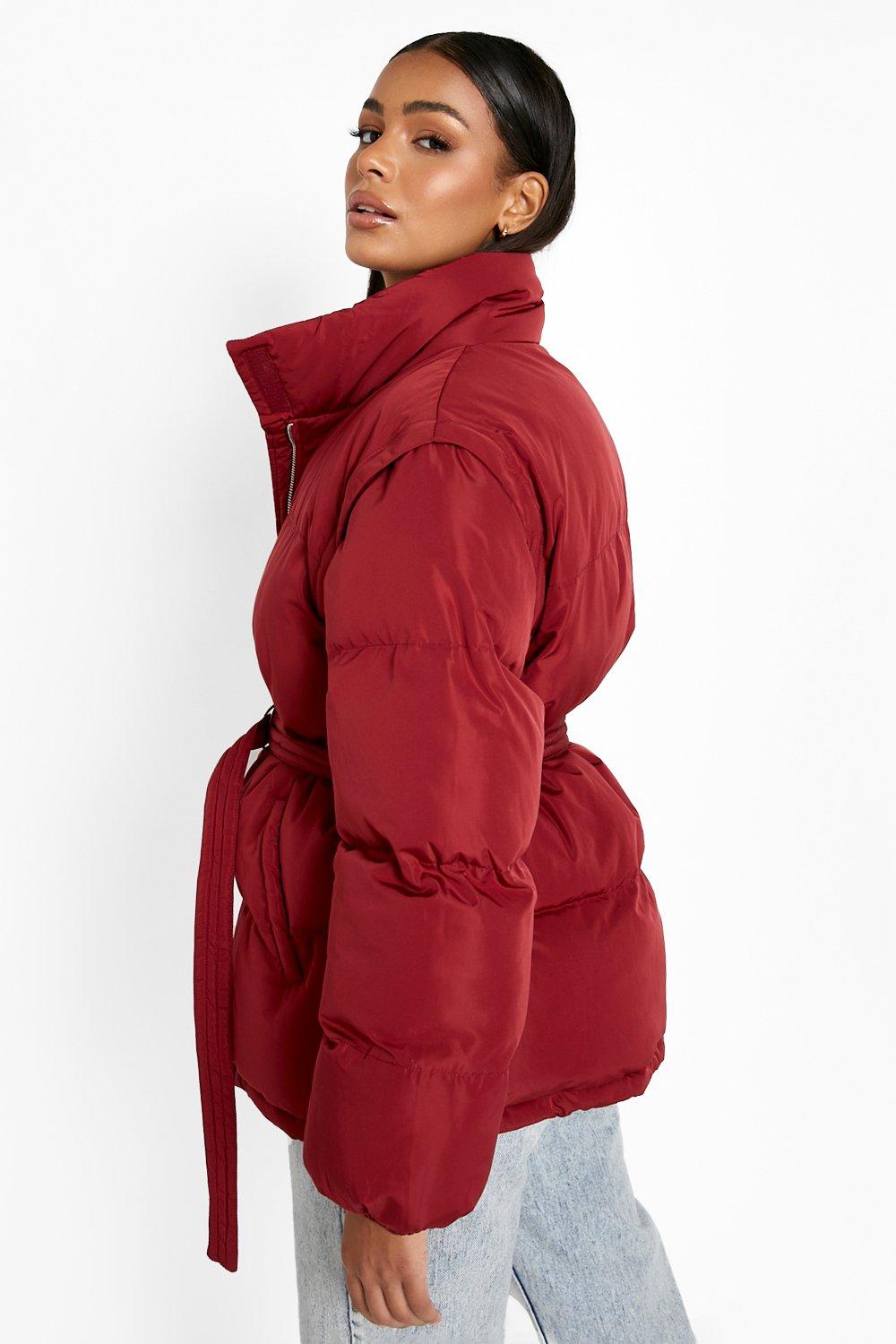 Detachable Sleeve Belted Puffer Jacket boohoo CA