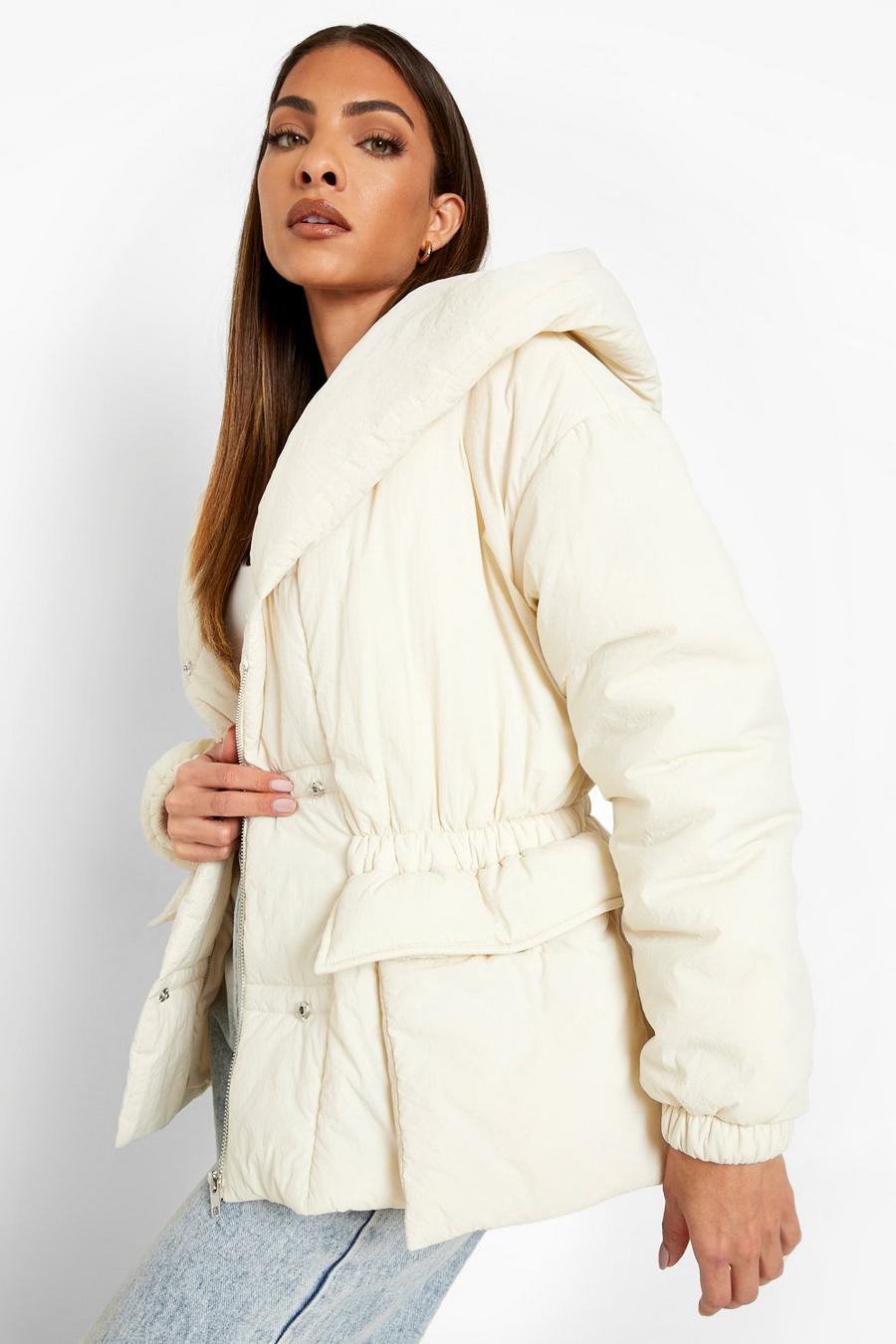 Ecru white Synch Waist Hooded Puffer Jacket