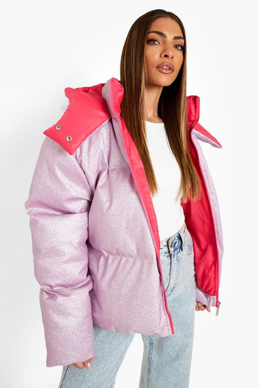 Pink Glitter Hooded Puffer Jacket image number 1