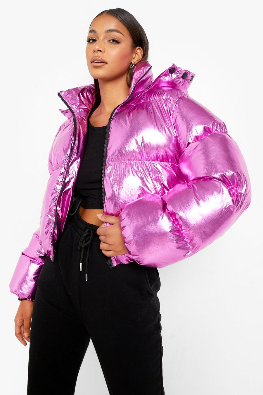 Pink High Shine Metallic Puffer Jacket image number 1