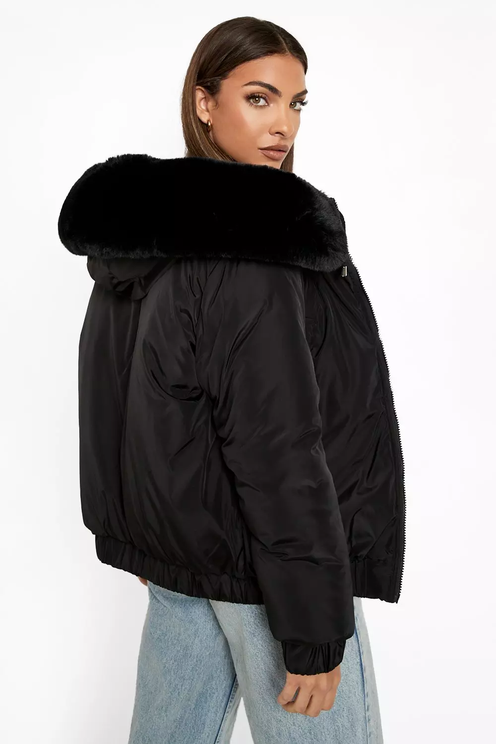 Fur trim bomber clearance jacket