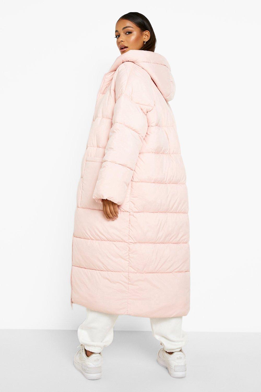 longline puffer coat with fur hood