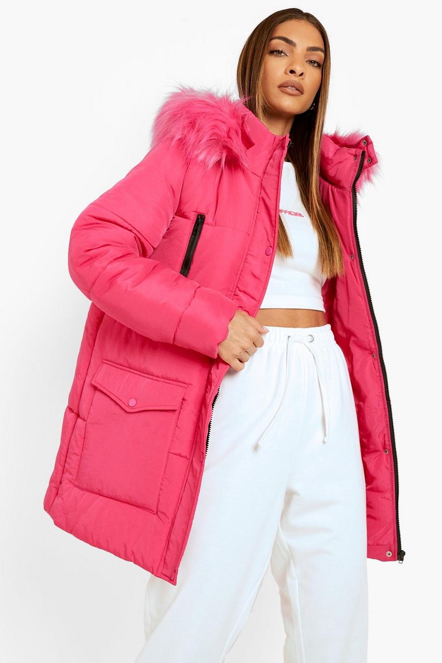 Hot pink Faux Fur Hooded Parka Coat image number 1