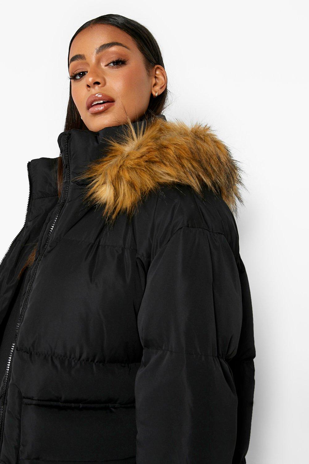 Black faux fur clearance trim longline puffer jacket