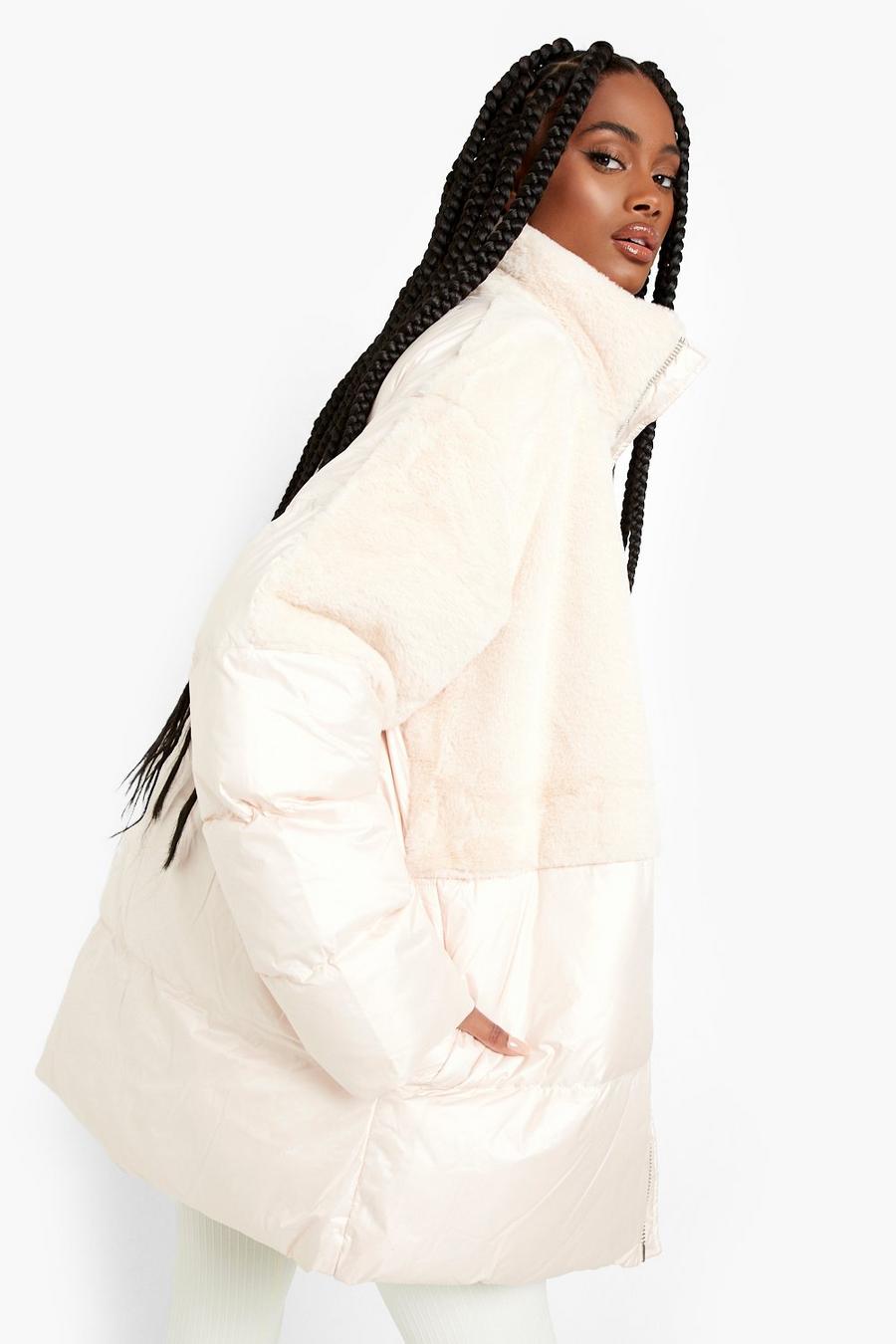 Ecru white Fabric Mix Puffer Jacket
