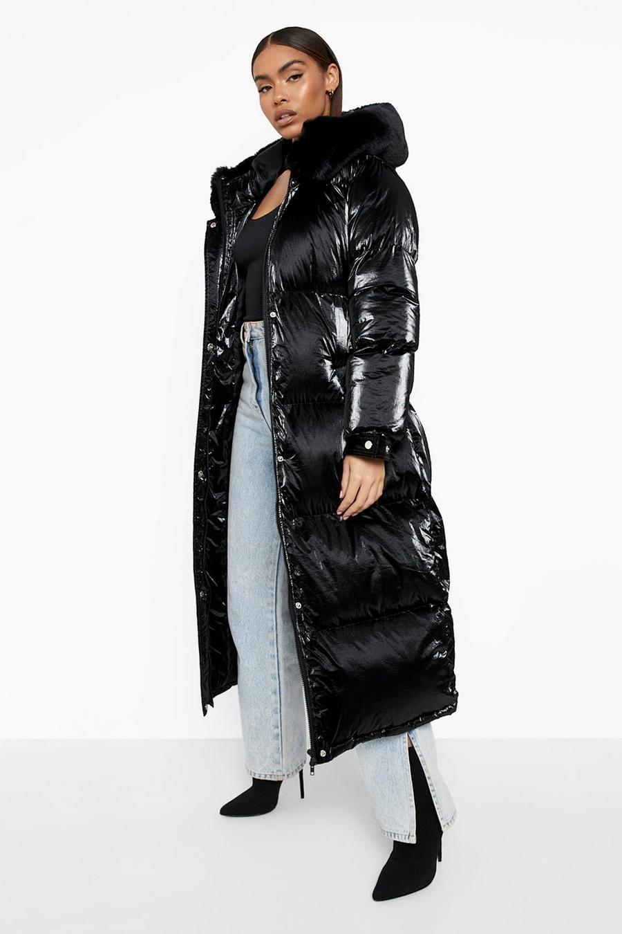 Faux Fur Trim High Shine Longline Puffer Jacket | boohoo