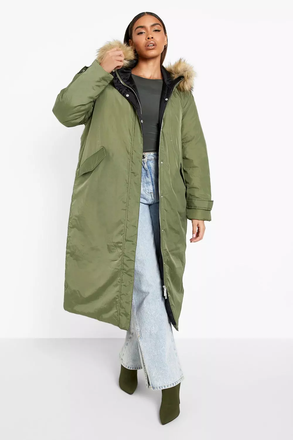 Faux Fur Hood Longline Parka Coat