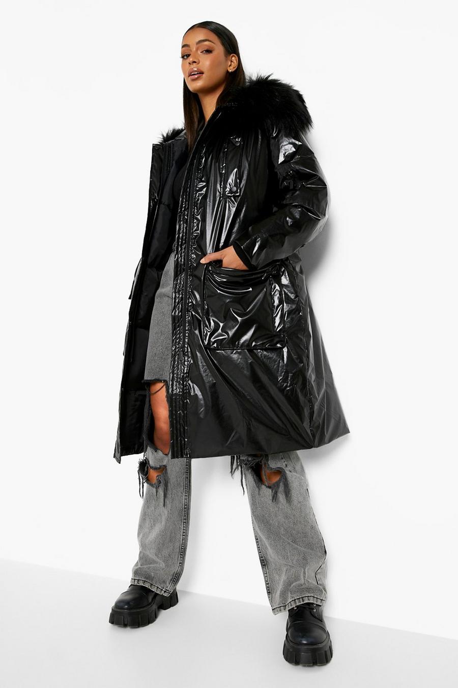 Black Oversized Faux Fur Metallic Parka Coat image number 1