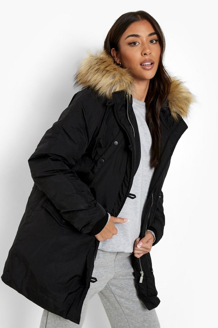 Black Faux Fur Hooded Parka Coat