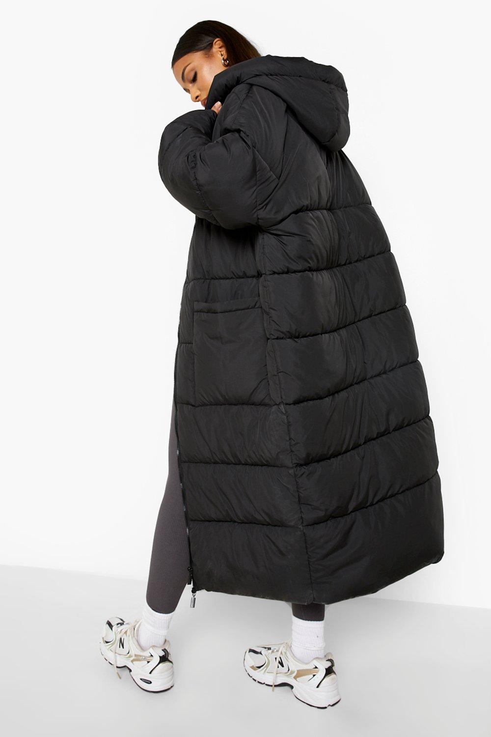 Boohoo longline padded coat with hood in black hotsell