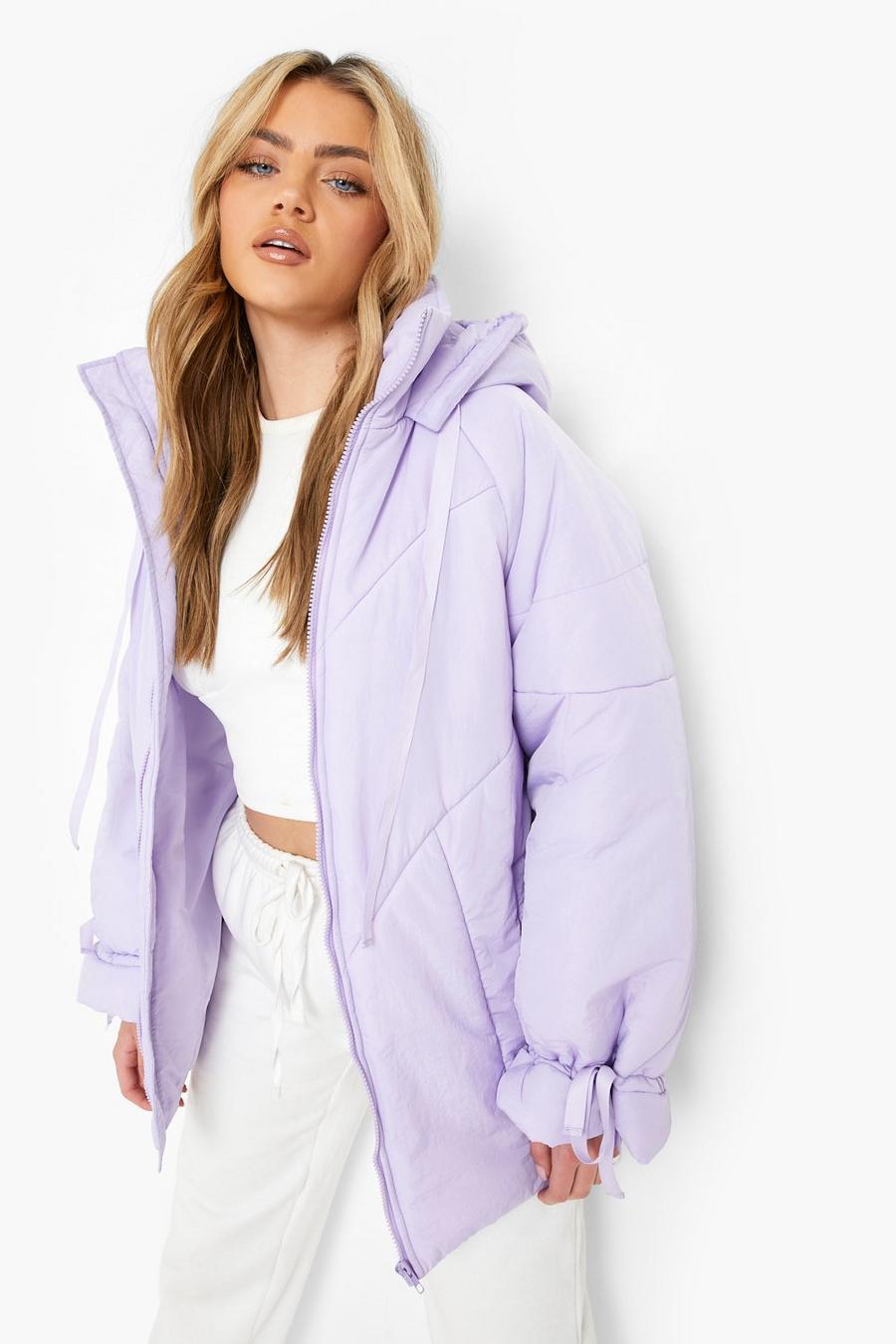 Lilac Hooded Tie Detail Funnel Neck Puffer Jacket image number 1