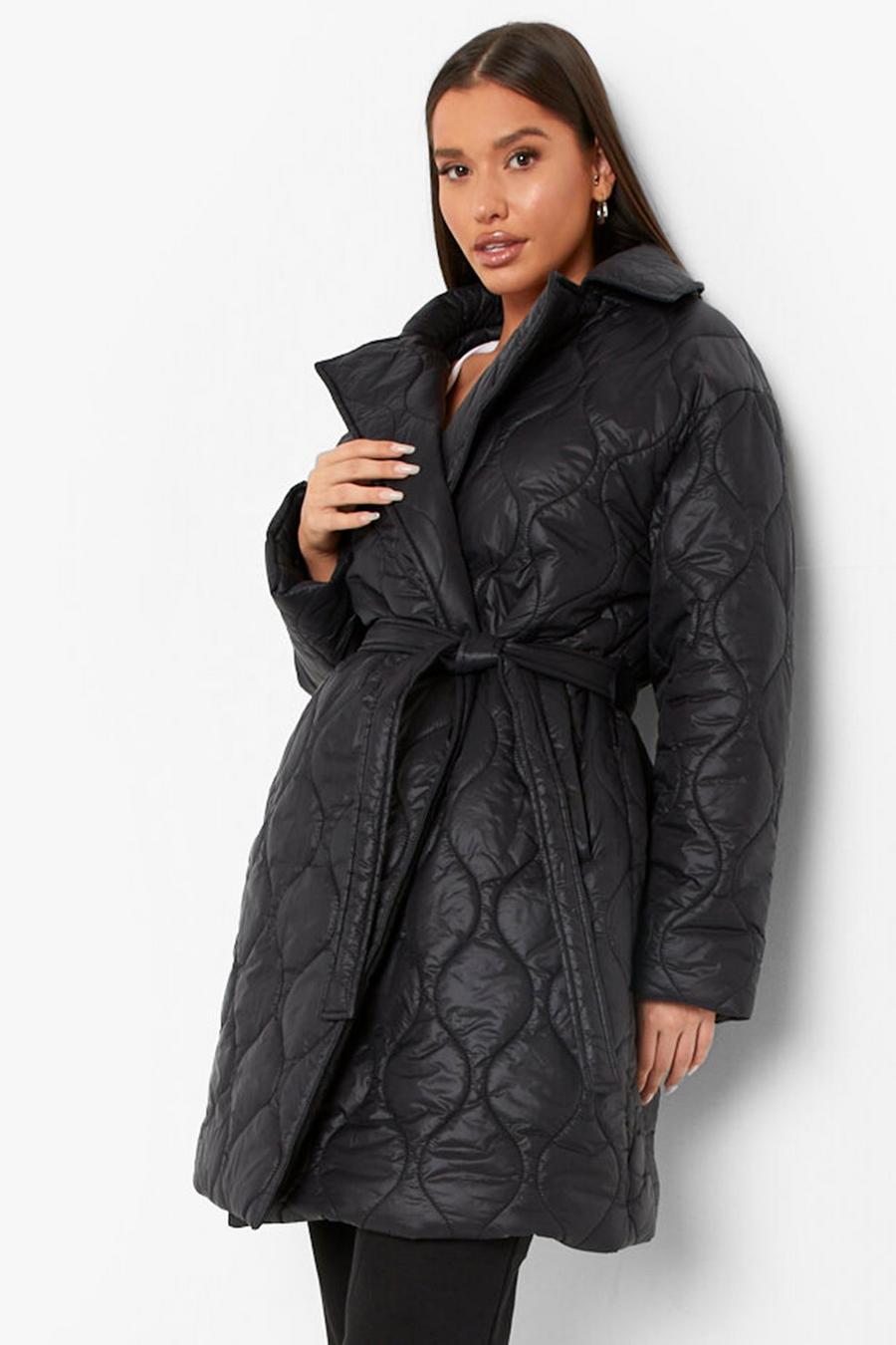 Black Quilted Collar Belted Puffer Jacket image number 1