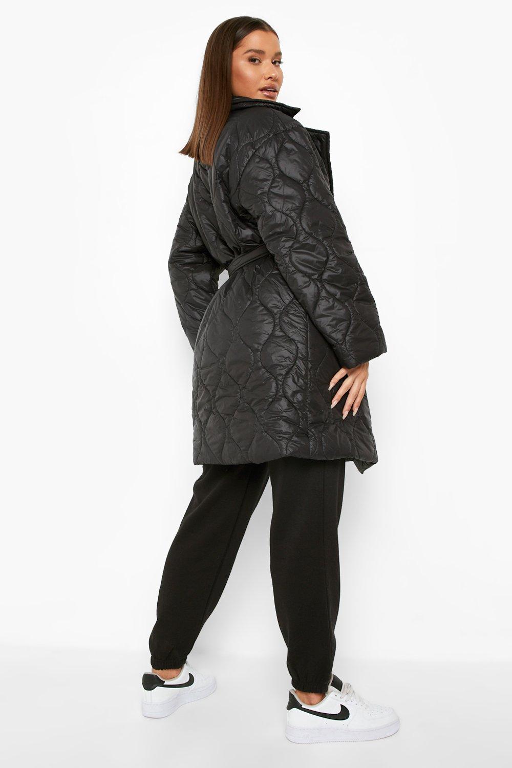 black collared belted puffer jacket