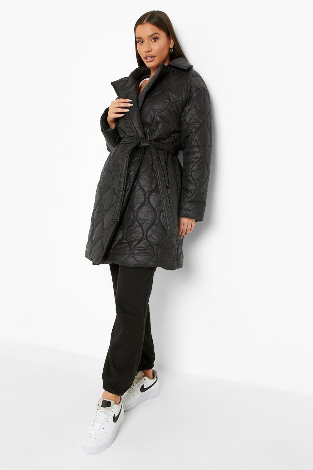 black collared belted puffer jacket