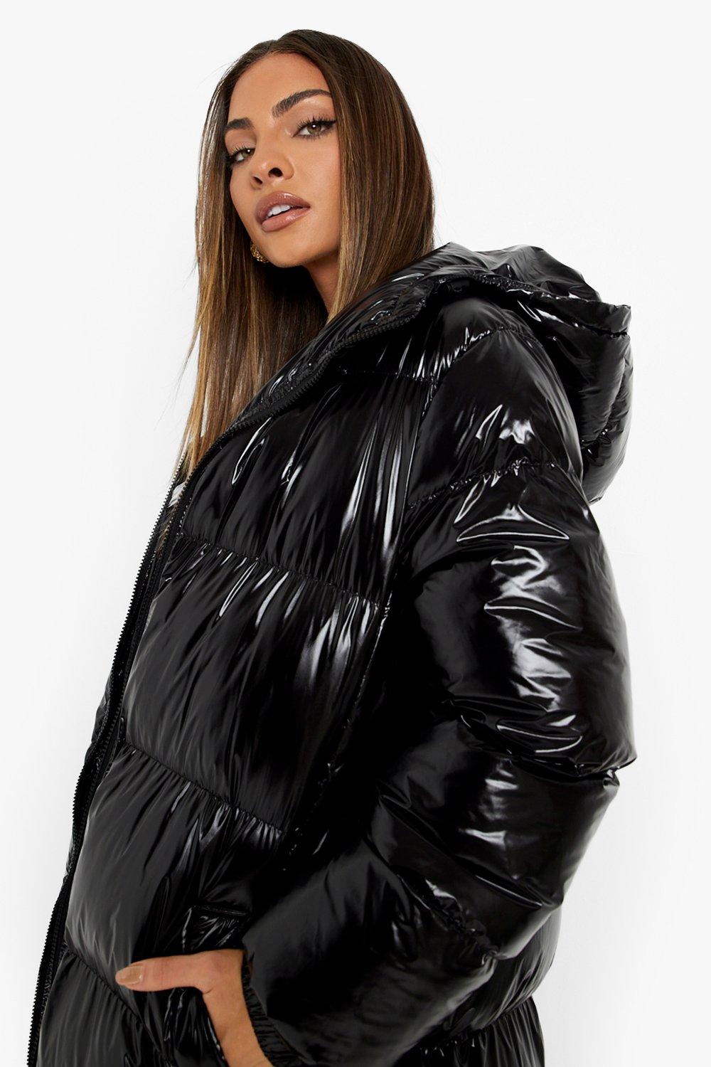 Black shiny coat boohoo hot sale