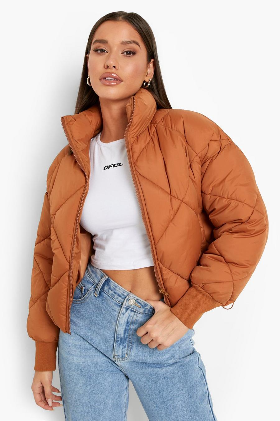 Rust Diamond Quilt Funnel Neck Puffer Jacket image number 1