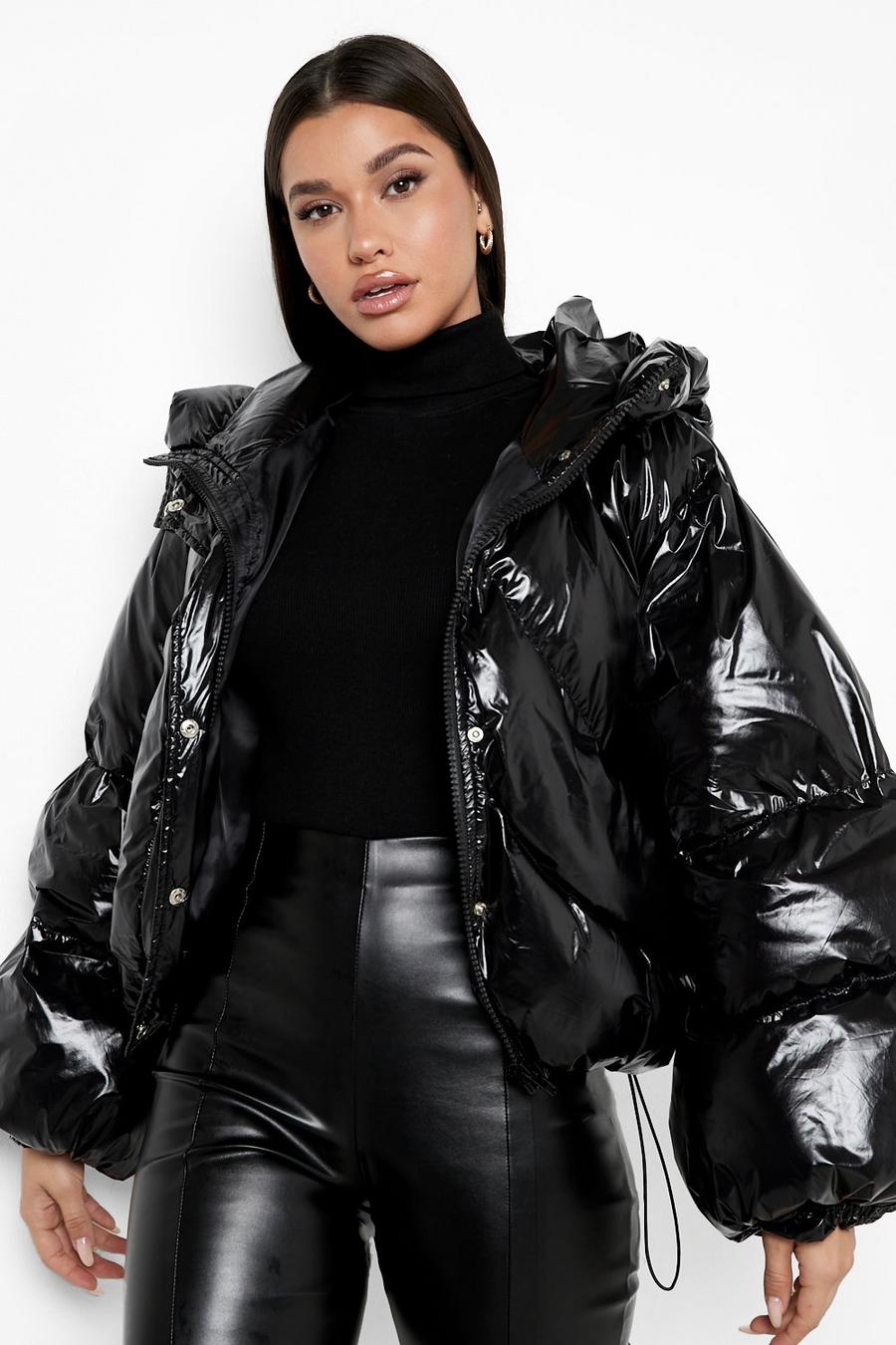 Black High Shine Oversized Sleeve Puffer Jacket image number 1