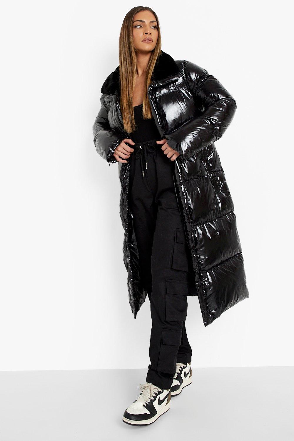 Black faux fur cuff high shine hot sale padded coat