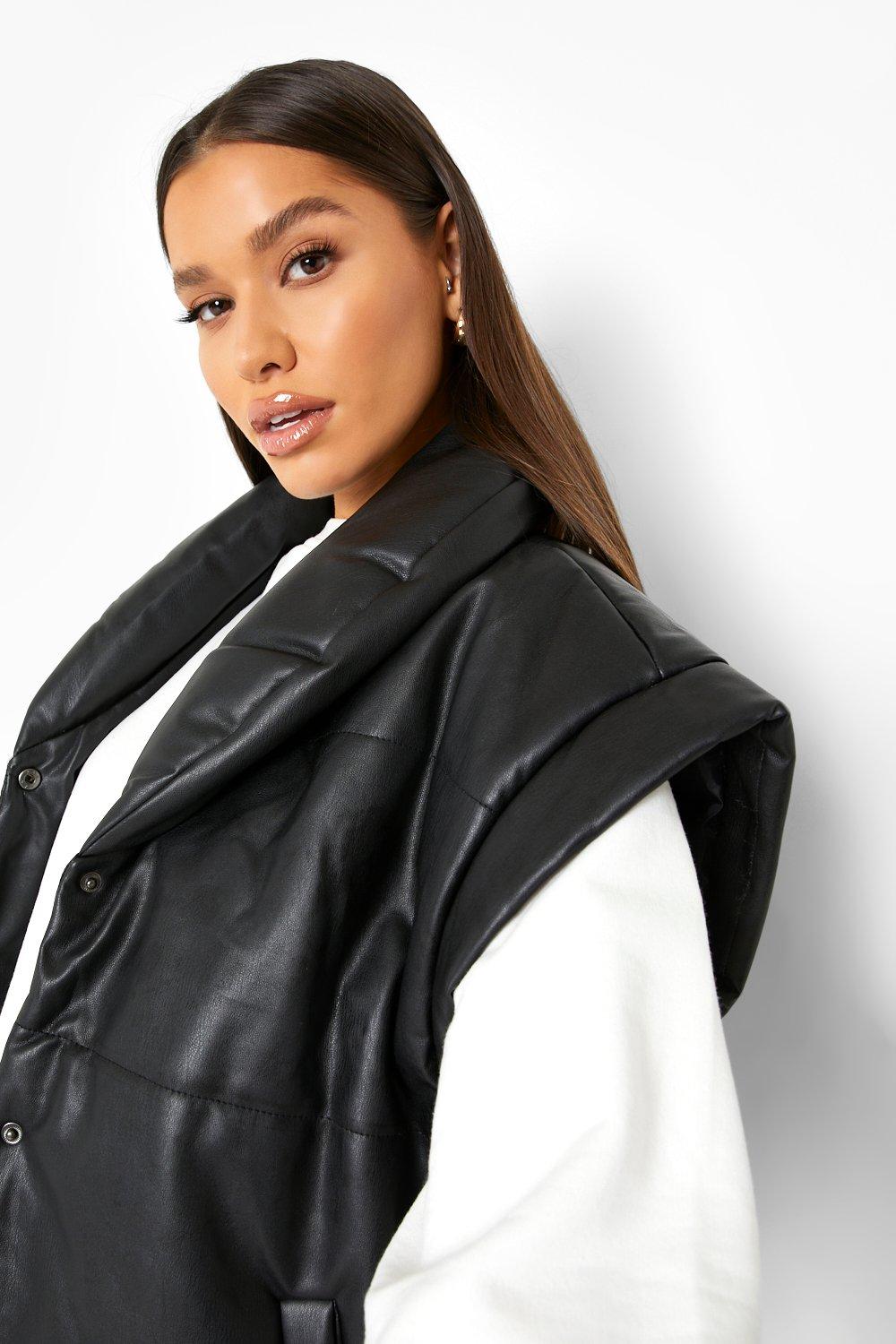 Black Leather-Look Puffer Crop Gilet