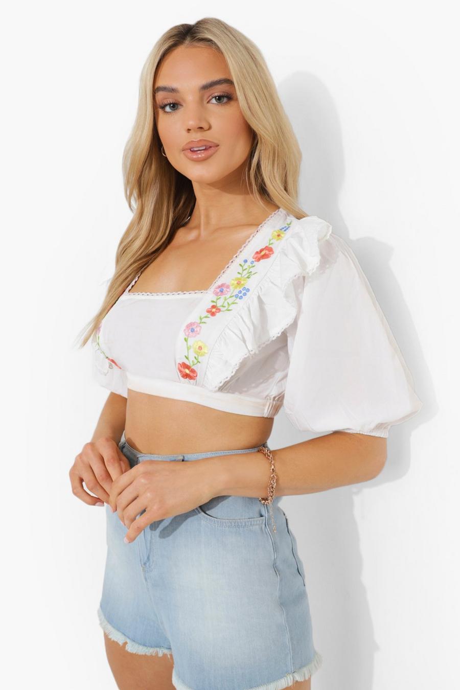 White Embroidered Lace Detail Puff Sleeve Crop Top image number 1