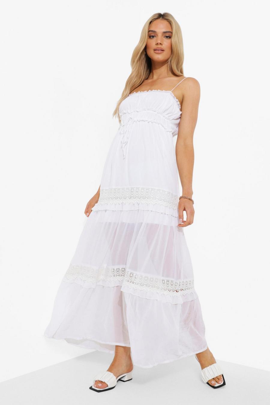 White Chiffon Lace Trim Tiered Strappy Maxi Dress image number 1
