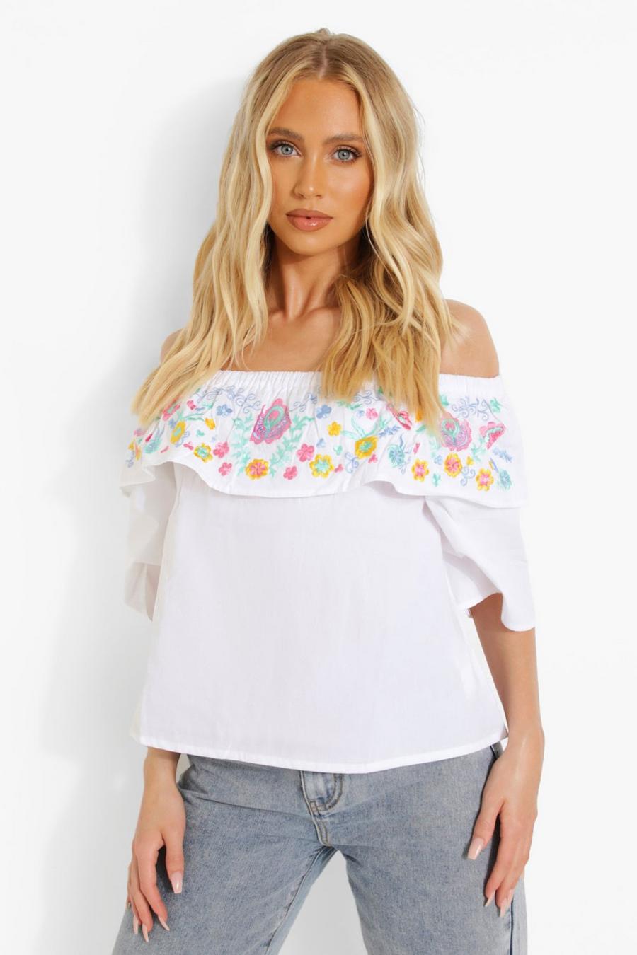 White Embroidered Cotton Bardot Top image number 1