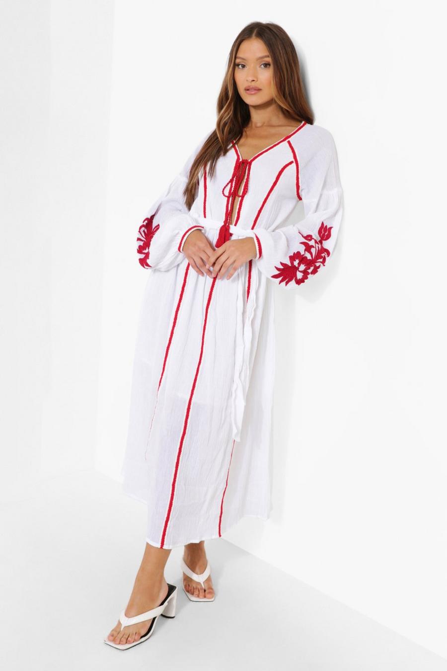 White Embroidered Cheesecloth Tassel Midaxi Dress image number 1