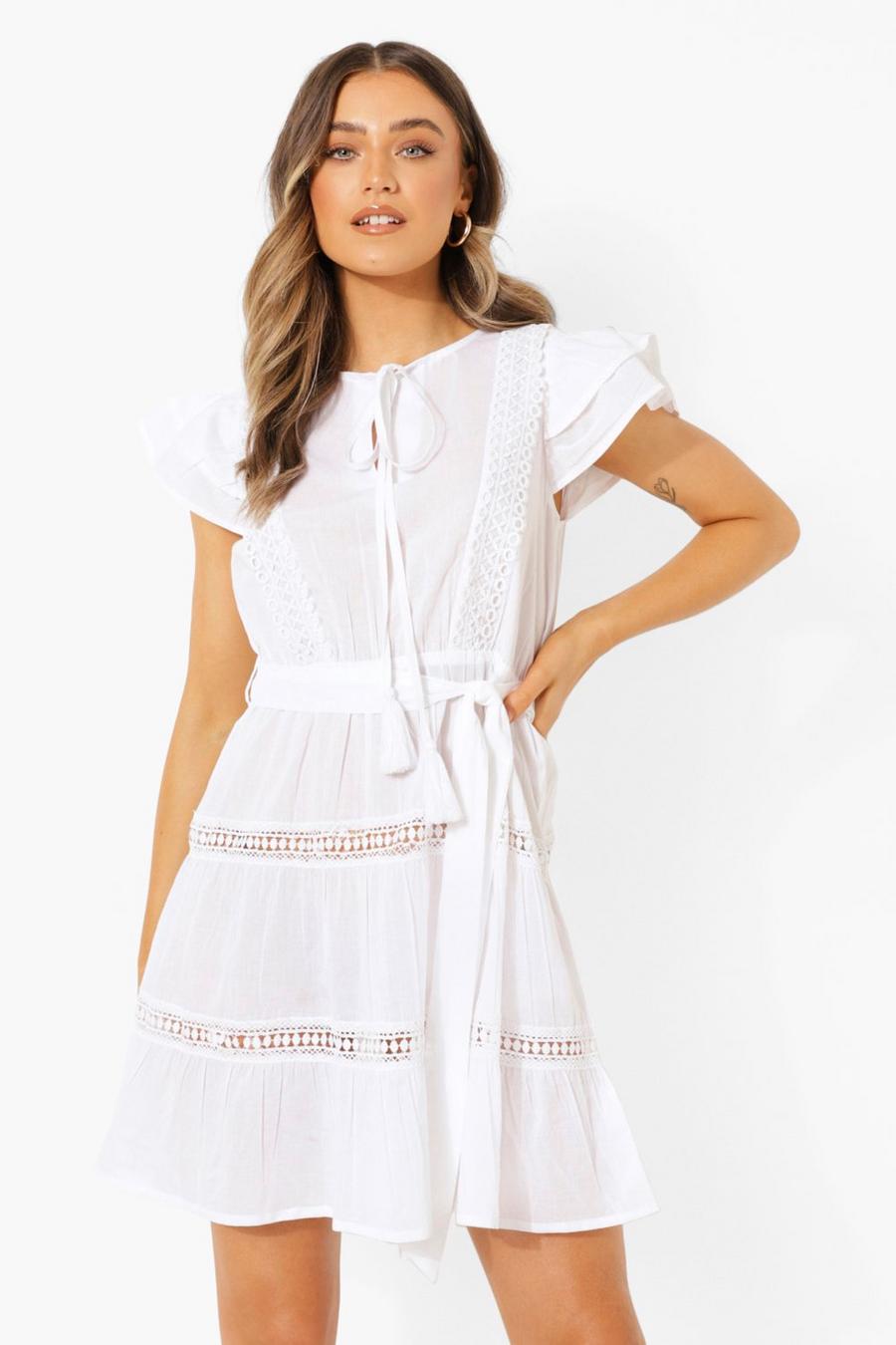 White Cotton Lace Trim Detail Tiered Skater Dress image number 1