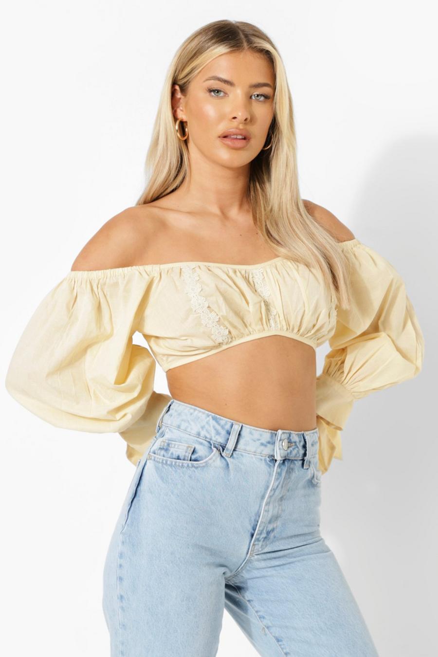 Stone Broderie Anglaise Puff Sleeve Crop Top image number 1