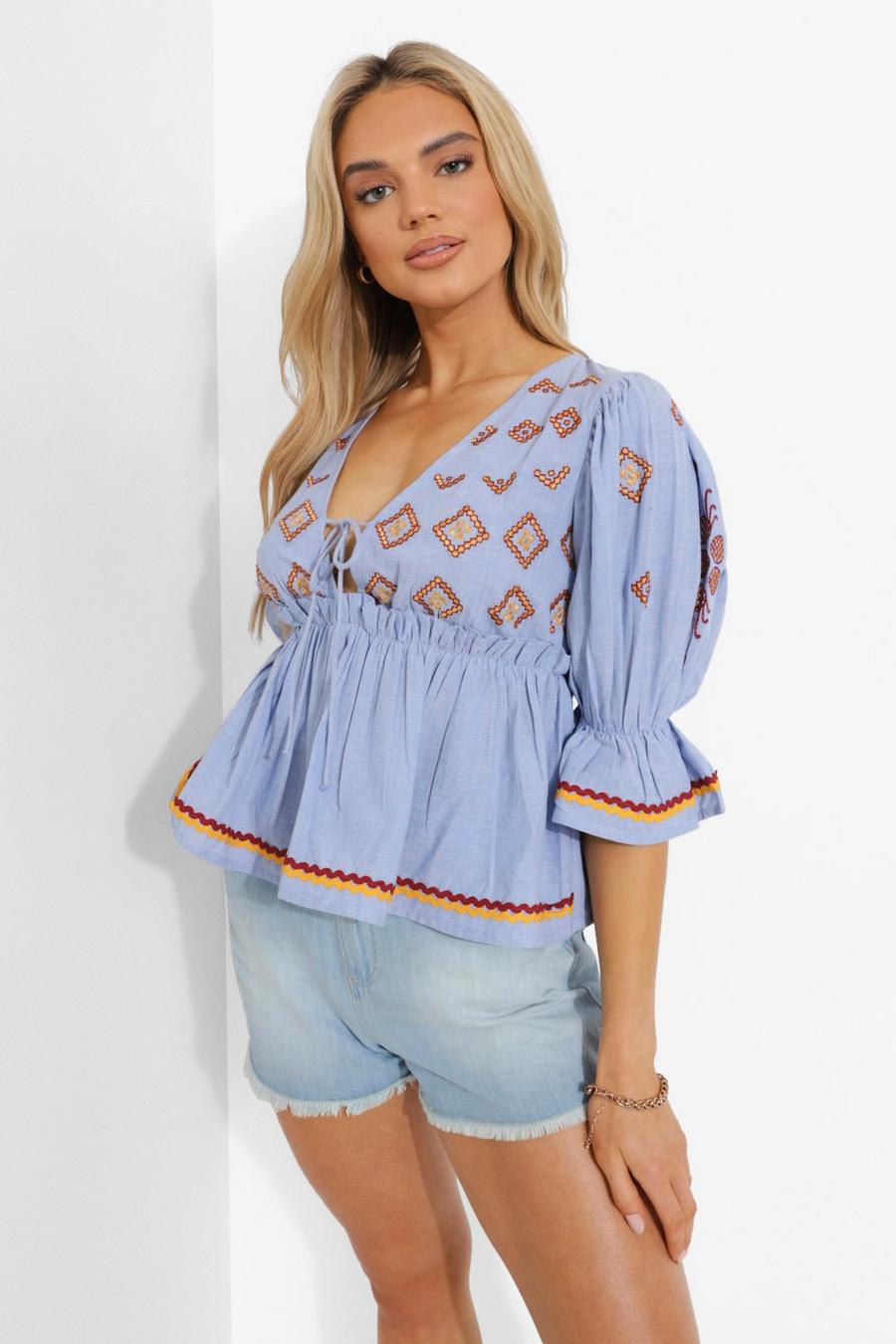Blue Embroidered Cotton Puff Sleeve Smock Top image number 1