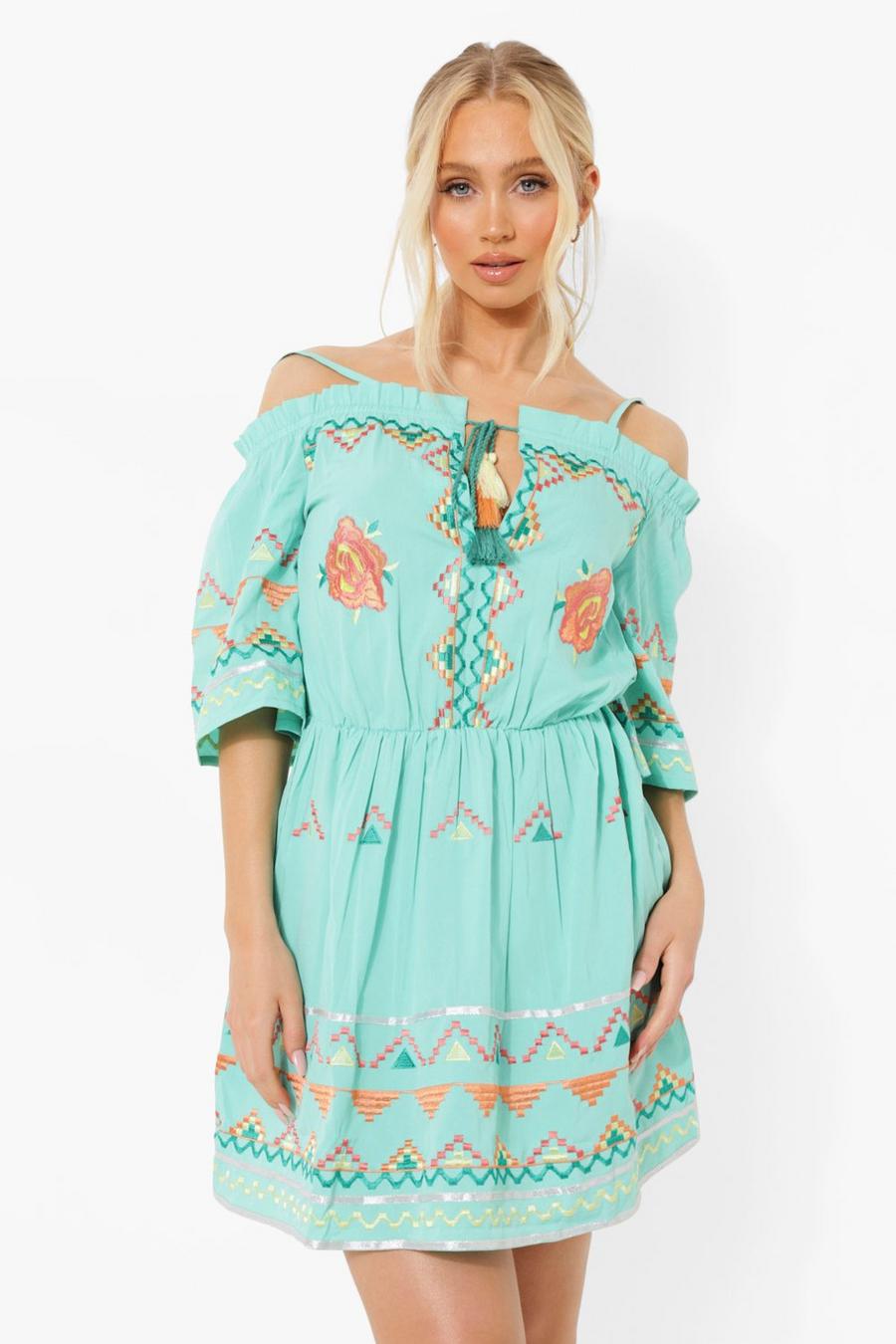 Green Embroidered Plunge Neck Tie Front Mini Dress image number 1