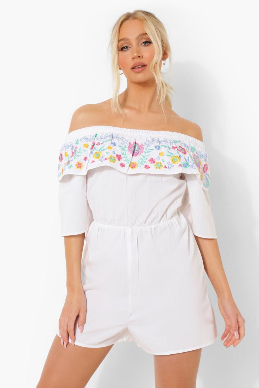 White Embroidered Cotton Off The Shoulder Romper image number 1