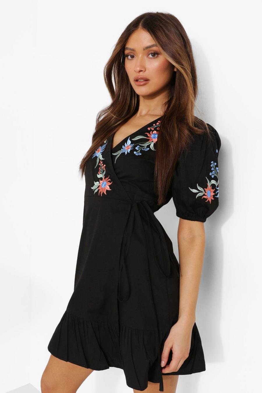 Black Embroidered Wrap Puff Sleeve Smock Dress image number 1