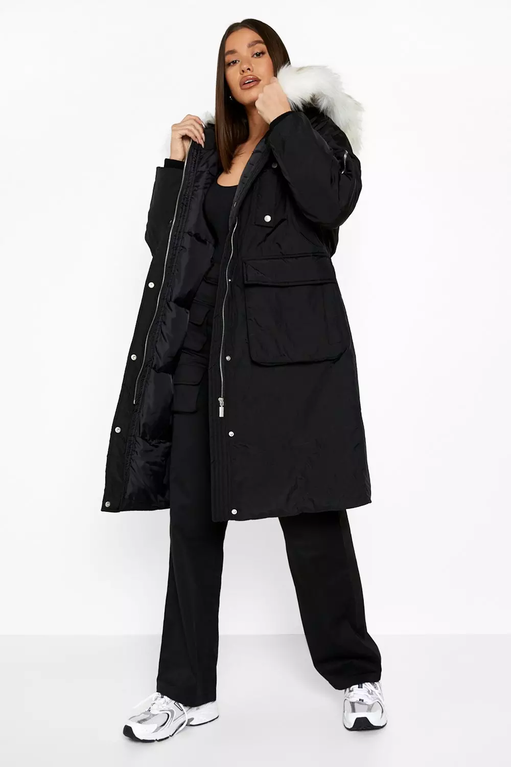 Black faux fur on sale trim longline parka