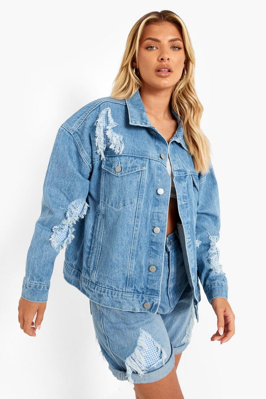 Gingham Rip & Repair Oversize Jeansjacke, Mid blue image number 1